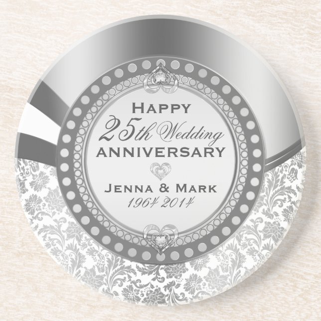 Dessous De Verre En Grès Argent et blanc Damas 25 Anniversaire Mariage (Devant)