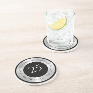 Dessous De Verre En Grès Argent noir et métallique 25e anniversaire de mari