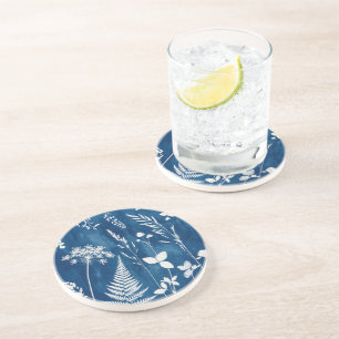 Dessous De Verre En Grès Art botanique de fougère au cyanotype bleu indigo 