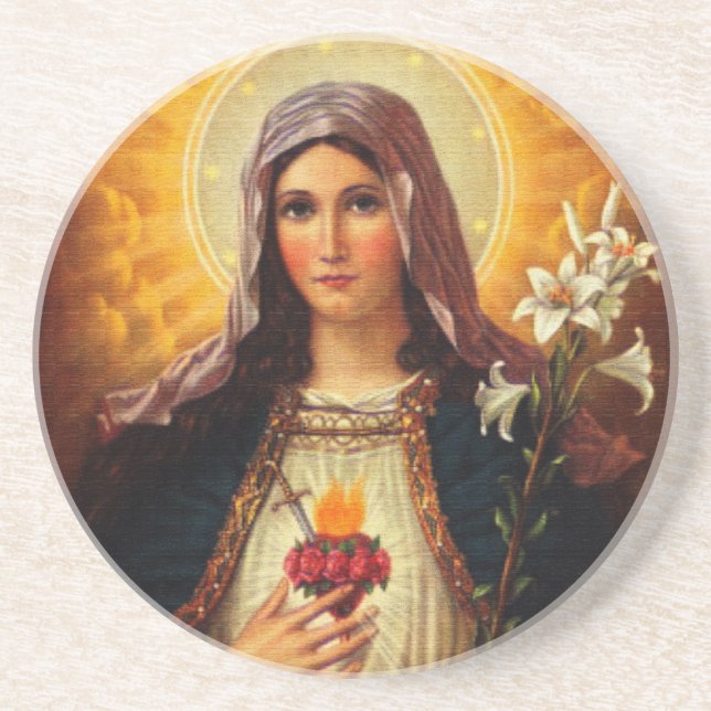Dessous De Verre En Grès Art chrétien de coeur sacré de Jésus et de Mary (Devant)