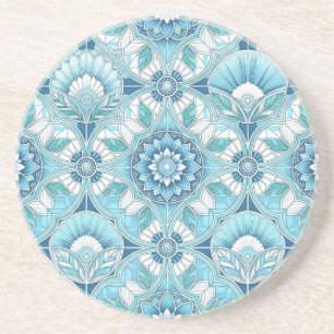 Dessous De Verre En Grès Art Déco côtier Aqua, sarcelles, bleus et blancs