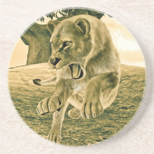 Dessous De Verre En Grès Art dramatique de la lionne de safari faunique