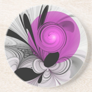 Dessous De Verre En Grès Art fractal noir gris avec magenta