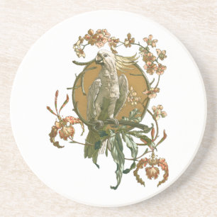Dessous De Verre En Grès Art Nouveau vintage, oiseau cacatoès, fleurs d'orc