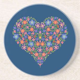 Dessous De Verre En Grès Art populaire Style Floral Coeur Bleu Dessous de v