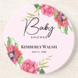 Dessous De Verre En Grès Baby shower Fleurs rouges roses modernes sur rose