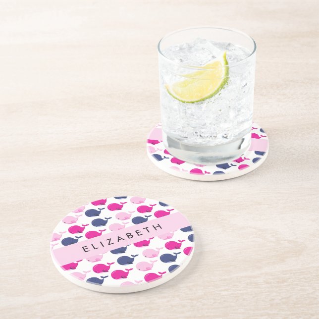 Dessous De Verre En Grès Beaux Baleines, Motif De Baleines, Votre Nom (Côté)