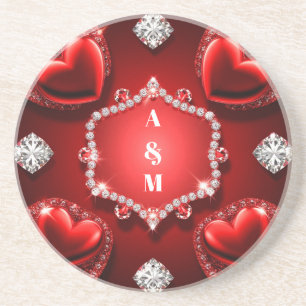 Dessous De Verre En Grès Bijou Romance Cœur Rouge Diamant ❤️