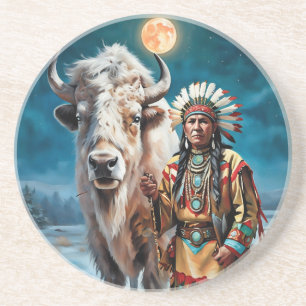 Dessous De Verre En Grès Bison blanc et chef amérindien
