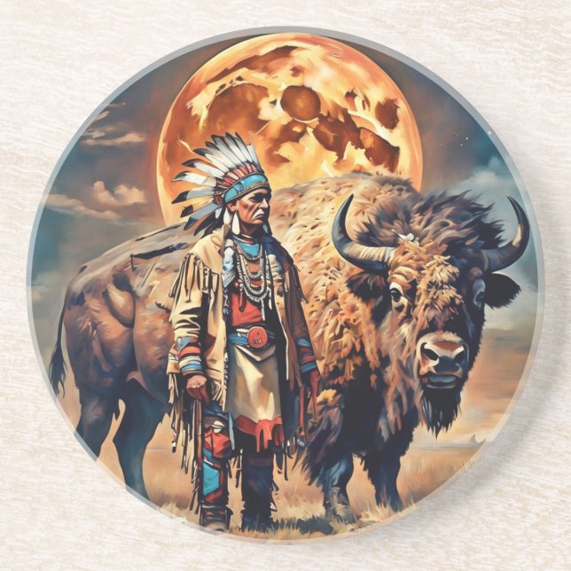 Dessous De Verre En Grès Bison et chef amérindien (Devant)