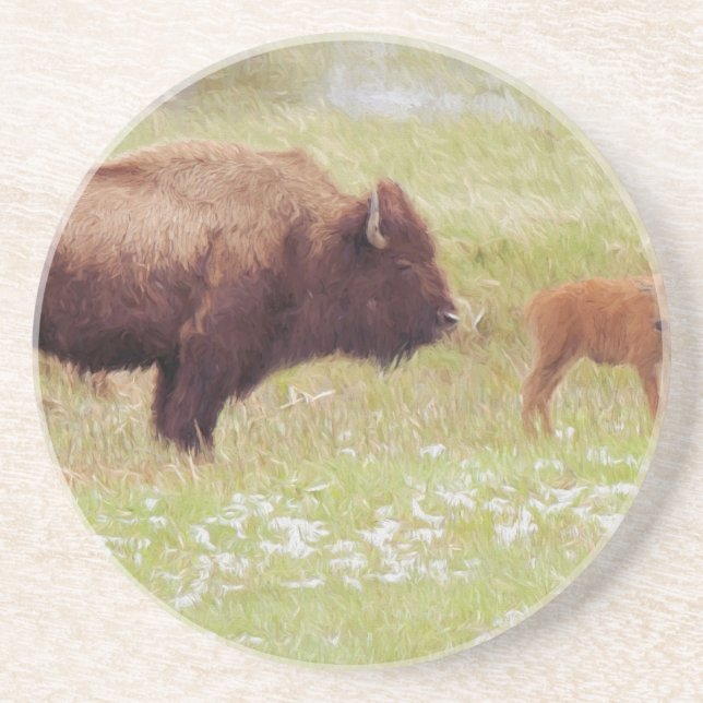 Dessous De Verre En Grès Bison et veau à Yellowstone (Devant)