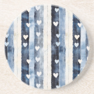 Dessous De Verre En Grès Bleu Blanc Denim Coeur rayures
