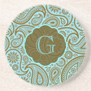 Dessous De Verre En Grès Bleu et Brown Paisley Retro Motif-Monogramme