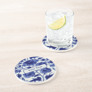 Dessous De Verre En Grès Bleu floral sur peinture Vintage de poterie blanch