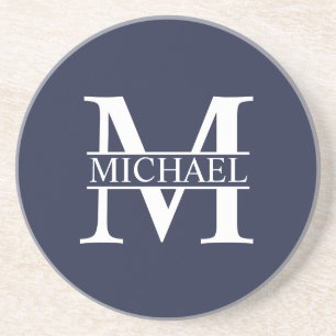 Dessous De Verre En Grès Bleu marine Monogramme personnalisé et nom