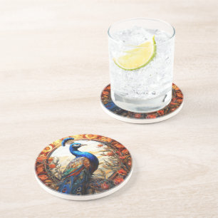 Dessous De Verre En Grès Bleu Orange Floral Automne Peacock Vitrail