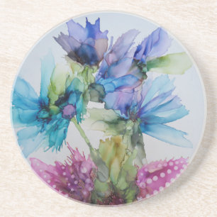 Dessous De Verre En Grès Bleu violet rose vert rose Art Floral