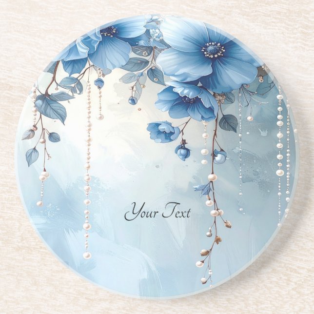 Dessous De Verre En Grès Blue Flowers and Pearls Sandstone Coaster (Devant)
