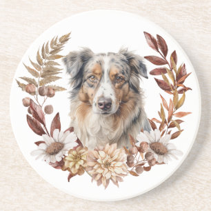 Dessous De Verre En Grès Blue Merle Australian Shepherd Dog Autumn Wreath