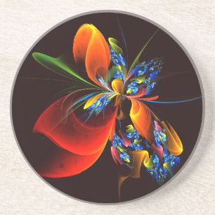 Dessous De Verre En Grès Blue Orange Floral Moderne Art Abstrait Motif #03