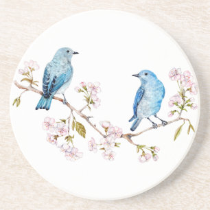 Dessous De Verre En Grès Bluebirds de montagne sur la branche Sakura