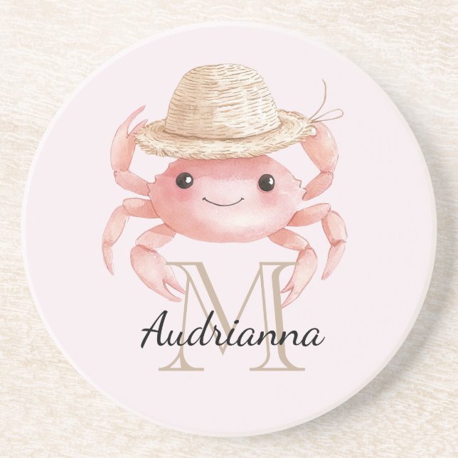 Dessous De Verre En Grès Blush Pink Crab with Hat Monogram (Devant)
