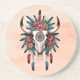 Dessous De Verre En Grès Boho Chic Aquarelle Crâne de Vache Floral Tribal