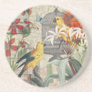Dessous De Verre En Grès Botanique Vintage Oiseaux Nature Tropical Antique 