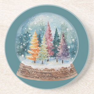 Dessous De Verre En Grès Boule à neige forêt colorée arbre de Noël