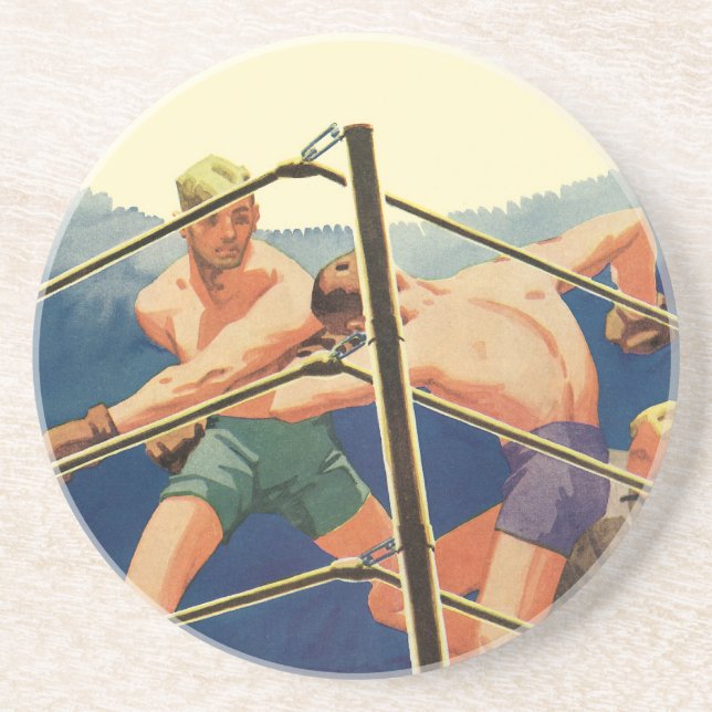 Dessous De Verre En Grès Boxe vintage, Boxers pendant un match (Devant)
