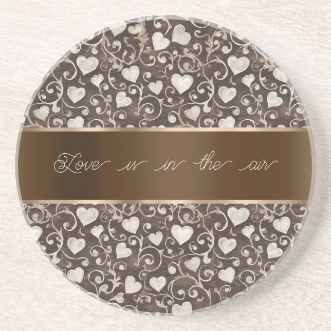 Dessous De Verre En Grès Brown Cream Hearts Ribbon   (Devant)