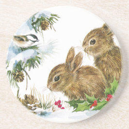 Dessous De Verre En Grès Bunnies et oiseaux Profitez de la neige