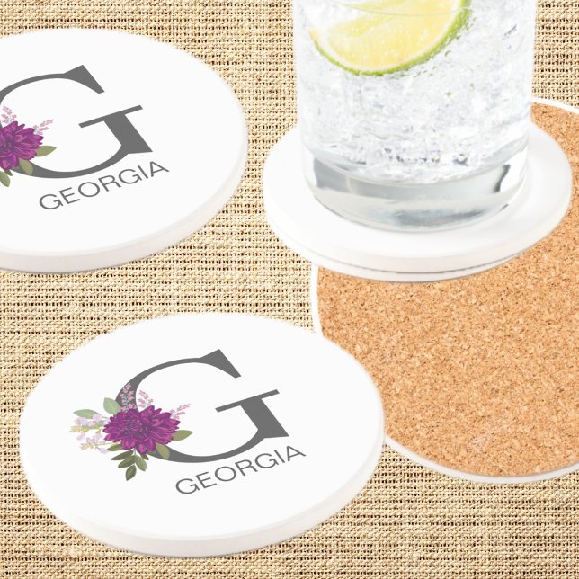 Dessous De Verre En Grès Burgundy Dahlia Floral Alphabet Letter Monogram   (Créateur téléchargé)