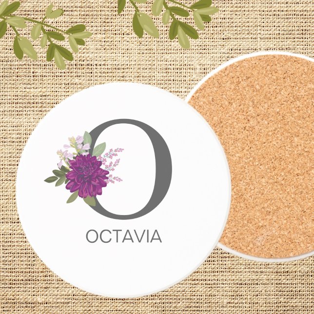 Dessous De Verre En Grès Burgundy Dahlia Floral Alphabet Letter Monogram   (Créateur téléchargé)