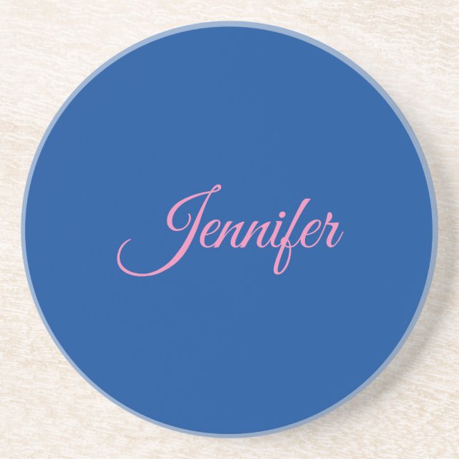 Dessous De Verre En Grès Calligraphie Elegant rose Bleu Nom personnalisé (Devant)