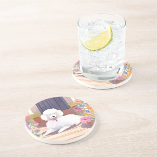 Dessous De Verre En Grès Caniche Blanc   Fleurs Aquarelle Chien Animal De C