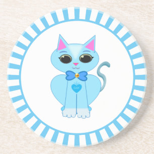 Dessous De Verre En Grès Caricature chaton bleu clair mignon & rayons