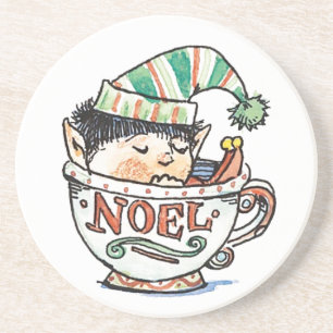 Dessous De Verre En Grès Caricature mignonne Elf de Noël dormant dans une t