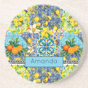 Dessous De Verre En Grès Carreaux fleuris d'agrumes siciliens bleu chic