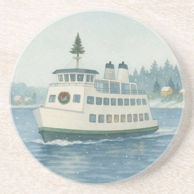 Dessous De Verre En Grès Carte de Noël de ferry de jour (Devant)