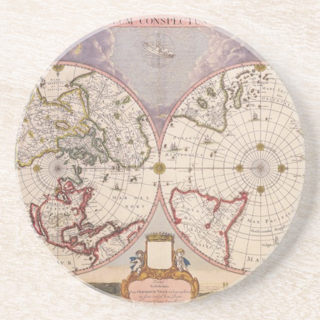 Dessous De Verre En Grès Carte du monde antique Lithographe élégant (Devant)