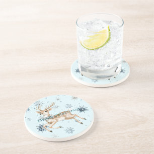 Dessous De Verre En Grès Cerf de Noël aux flocons de neige bleus avec noeud