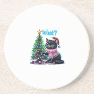 Dessous De Verre En Grès Chat de Noël amusant Avec Sticker Arbre