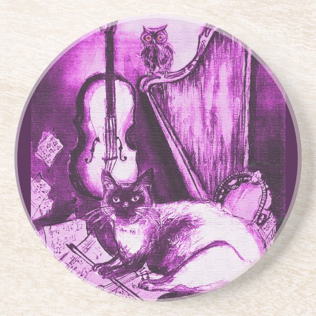 Dessous De Verre En Grès CHAT MUSICAL, Rose Fuchsia Blanc (Devant)