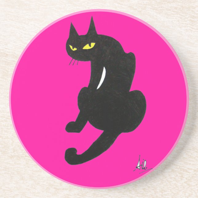 Dessous De Verre En Grès CHAT NOIR, fuchsia rose (Devant)