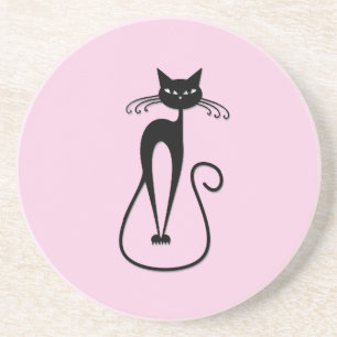 Dessous De Verre En Grès Chat noir maigre fantaisiste rose
