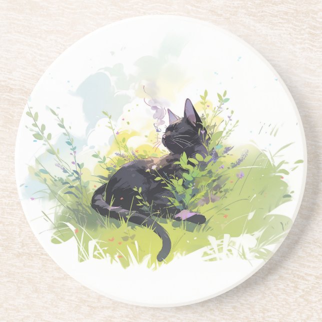 Dessous De Verre En Grès Chat noir sur Dessous de verre de grès d'herbe (Devant)