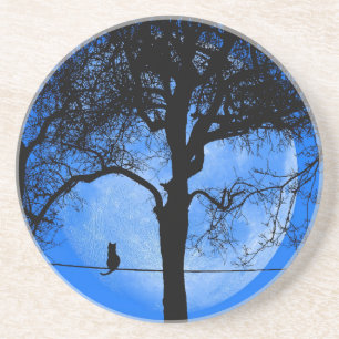Dessous De Verre En Grès Chat sur un fil Lune Bleue