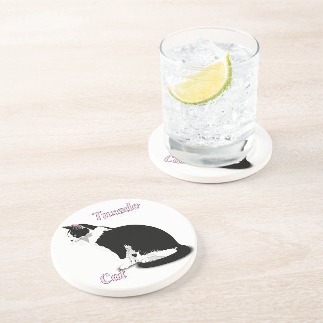 Dessous De Verre En Grès Chat Tuxedo noir et blanc Personnalisé (Côté)