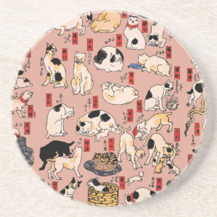 Dessous De Verre En Grès Chats japonais sur bois ukiyo-e Vintage Kitty